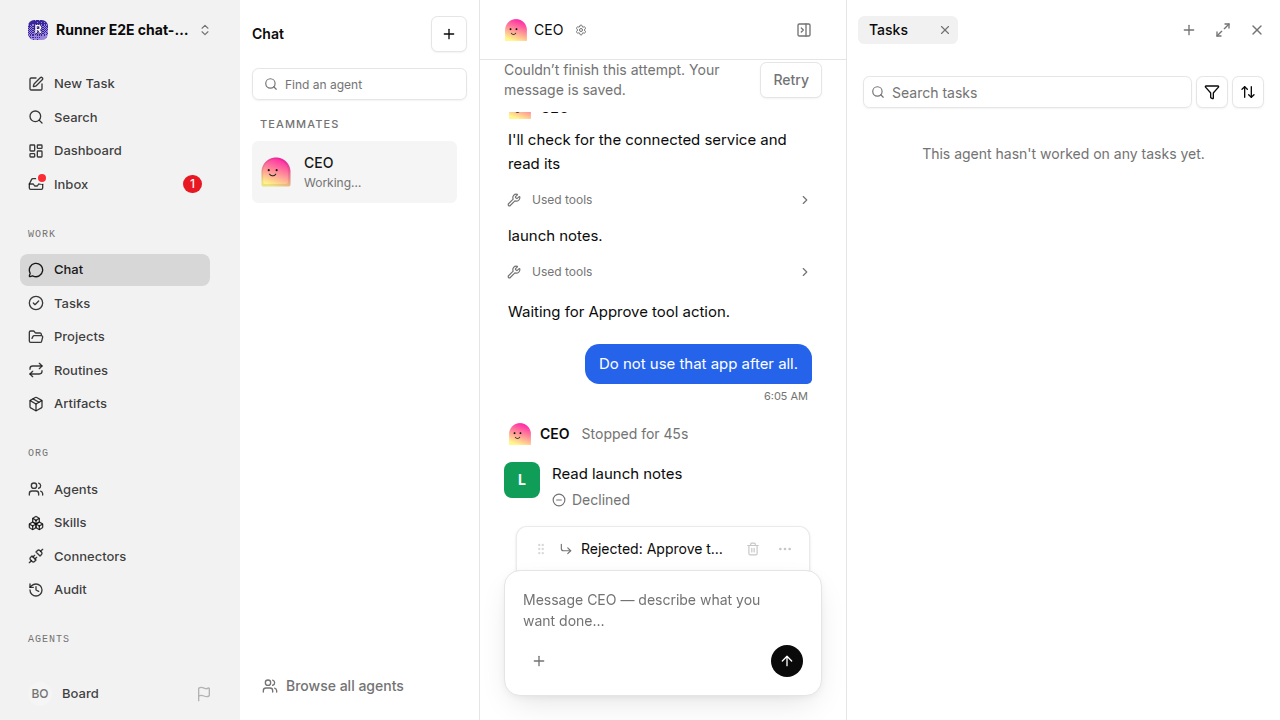 Actual failure browser state for chat-features.runner-opencode.local.questions-and-approvals.decline-tool