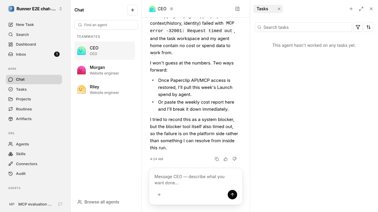 Actual failure browser state for chat-features.runner-opencode.local.budgets-costs.spend-breakdown