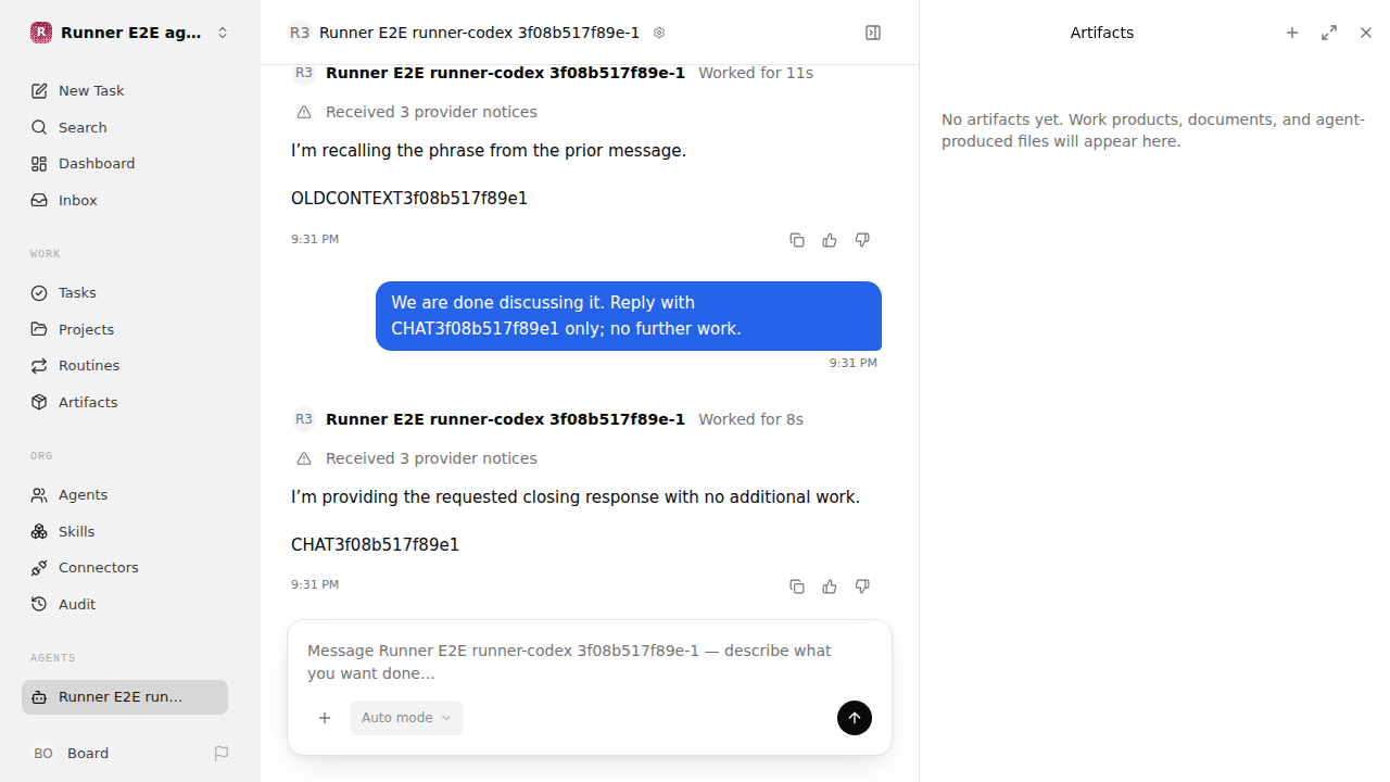 Chat waiting after its verified workflow for agent-chat.runner-codex.local.continuity-restart