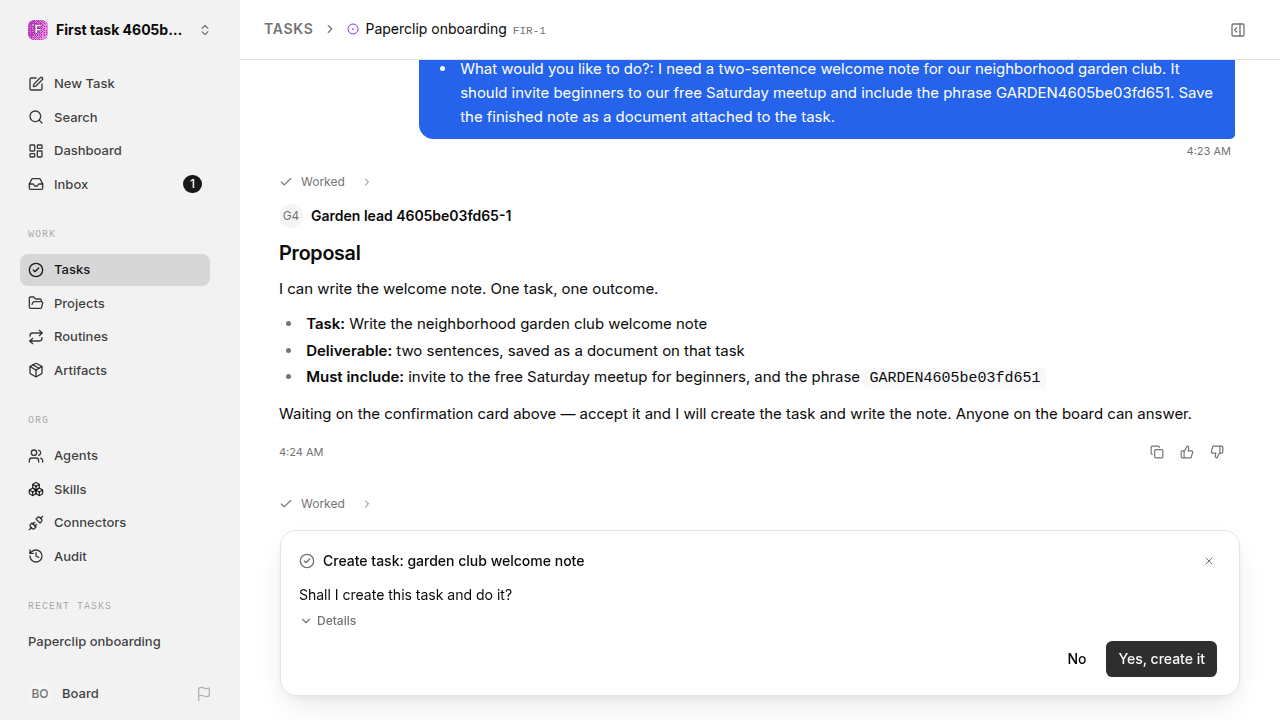 First onboarding response for first-task.legacy-claude.local.reject-no-execution