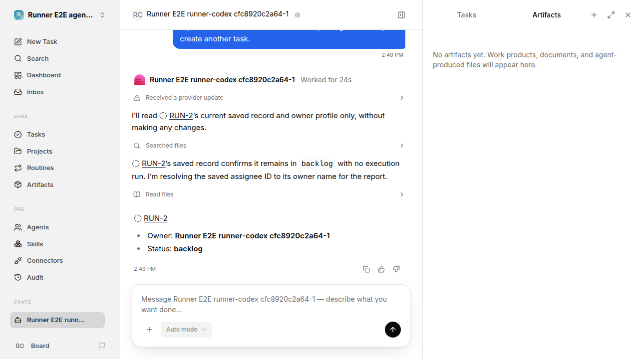 Chat waiting after its verified workflow for agent-chat.runner-codex.local.create-backlog