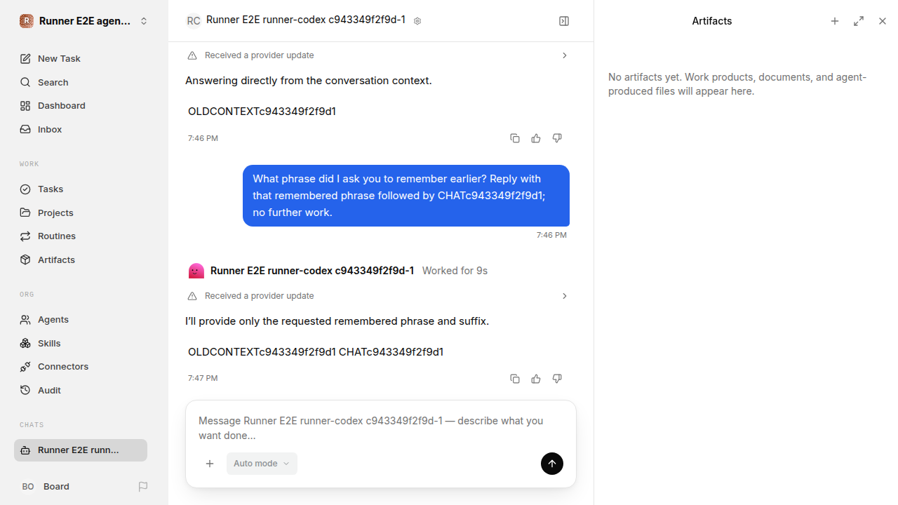 Chat waiting after its verified workflow for agent-chat.runner-codex.local.continuity-restart