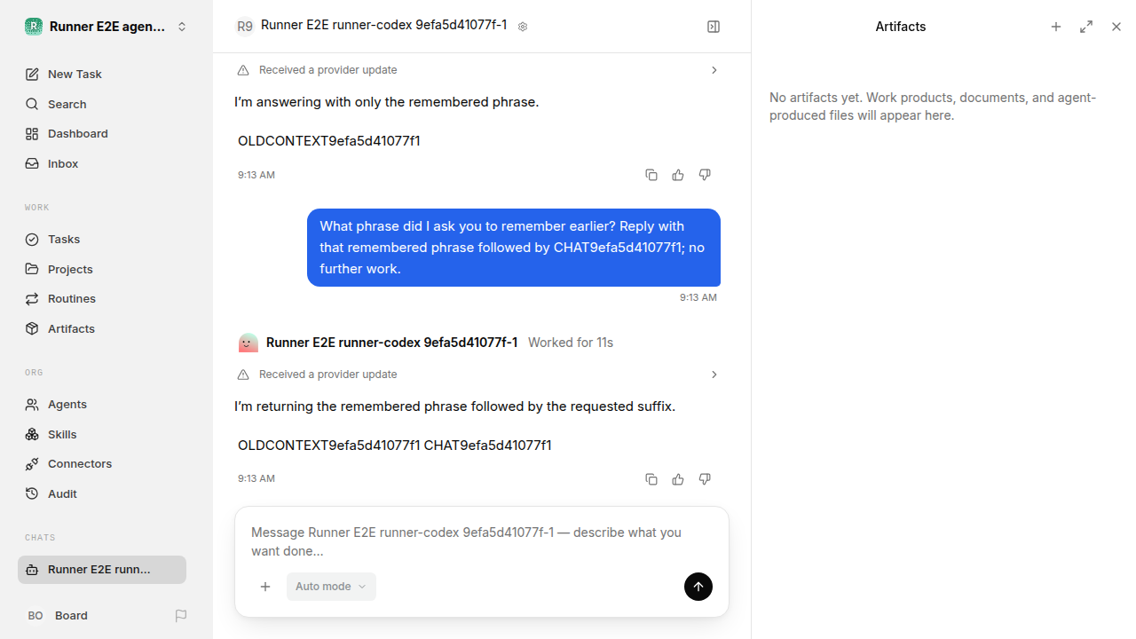 Chat waiting after its verified workflow for agent-chat.runner-codex.local.continuity-restart