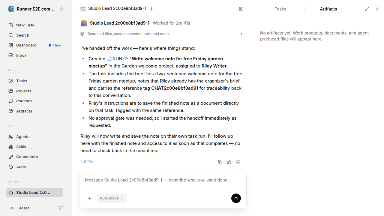 Chat is idle while Riley waits for the brief for completion-updates.runner-acpx-claude.local.handoff-completion-busy