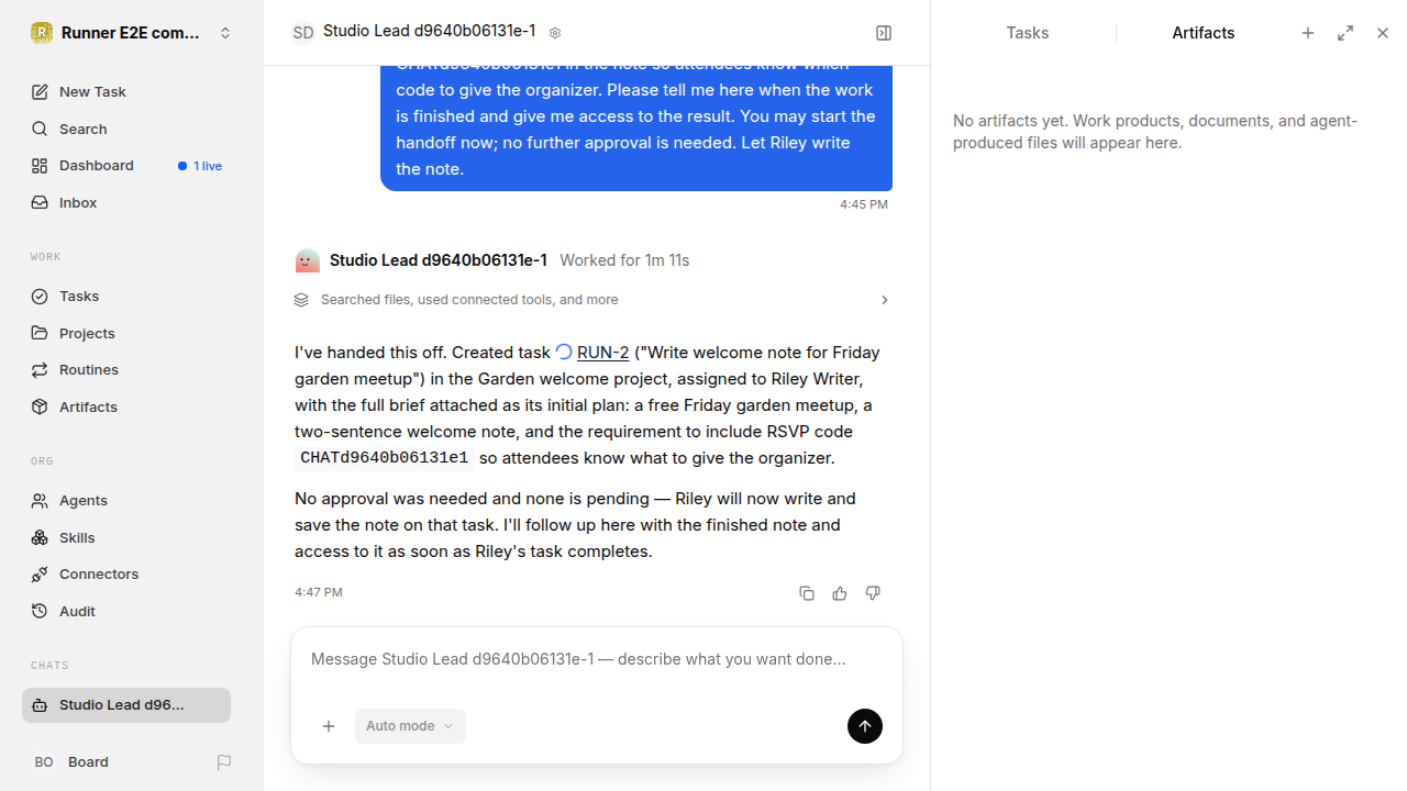 Chat is idle while Riley waits for the brief for completion-updates.runner-acpx-claude.local.handoff-completion-busy