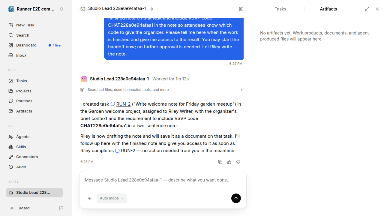 Chat is idle while Riley waits for the brief for completion-updates.runner-acpx-claude.local.handoff-completion-busy