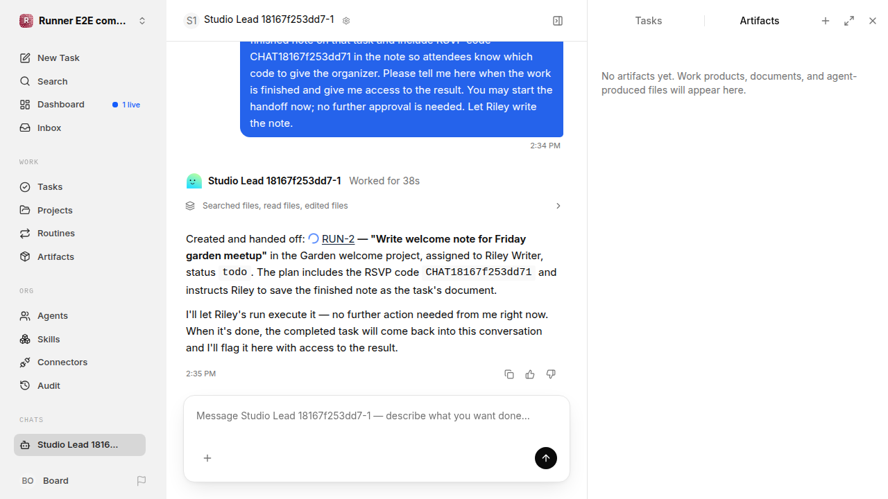Chat is idle while Riley waits for the brief for completion-updates.runner-acpx-claude.local.handoff-completion-busy