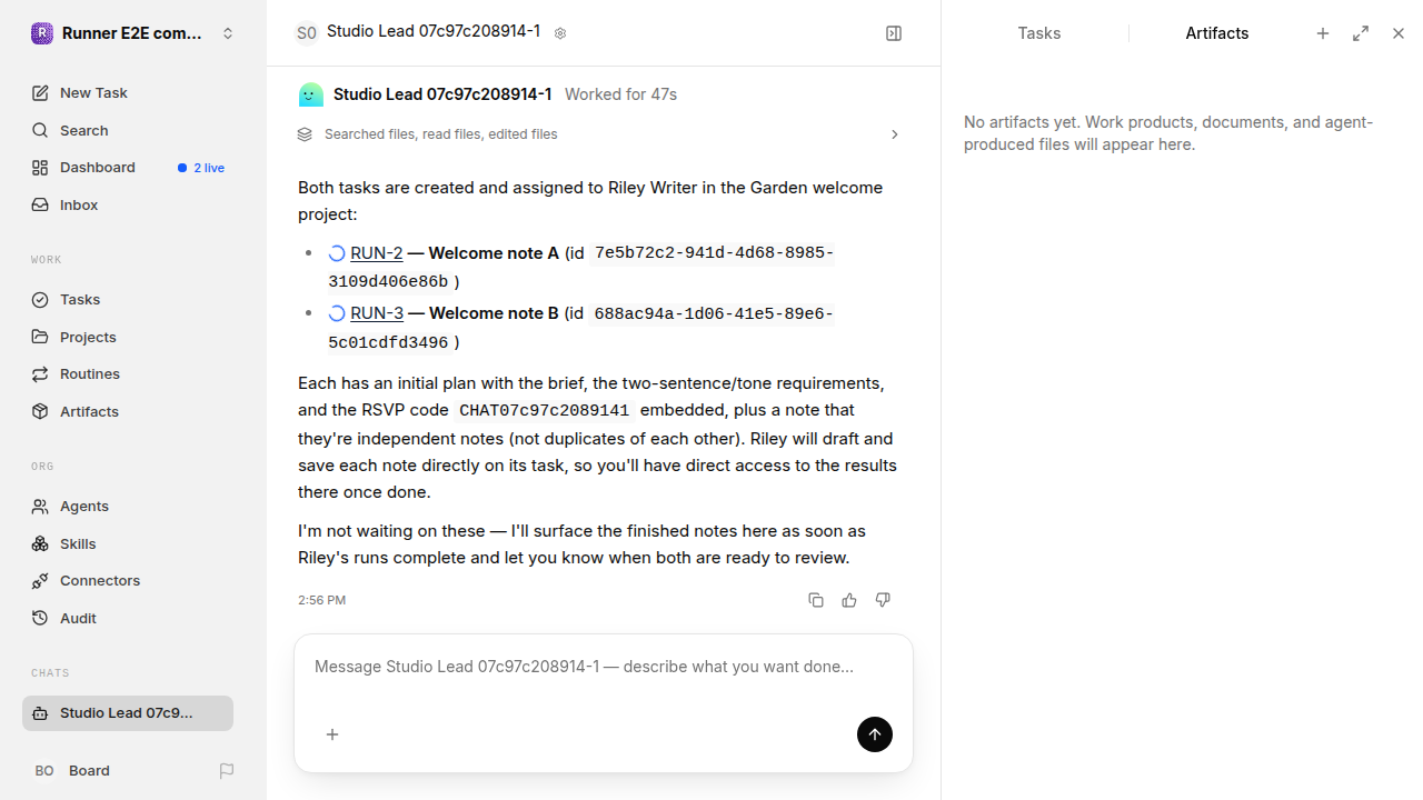 Chat is idle while Riley waits for the brief for completion-updates.runner-acpx-claude.local.handoff-completion-multiple