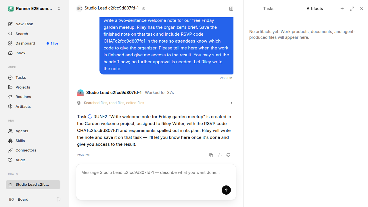 Chat is idle while Riley waits for the brief for completion-updates.runner-acpx-claude.local.handoff-completion-restart