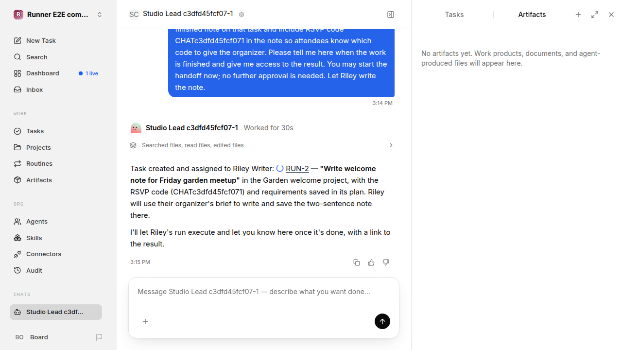 Chat is idle while Riley waits for the brief for completion-updates.runner-acpx-claude.local.handoff-completion-idle