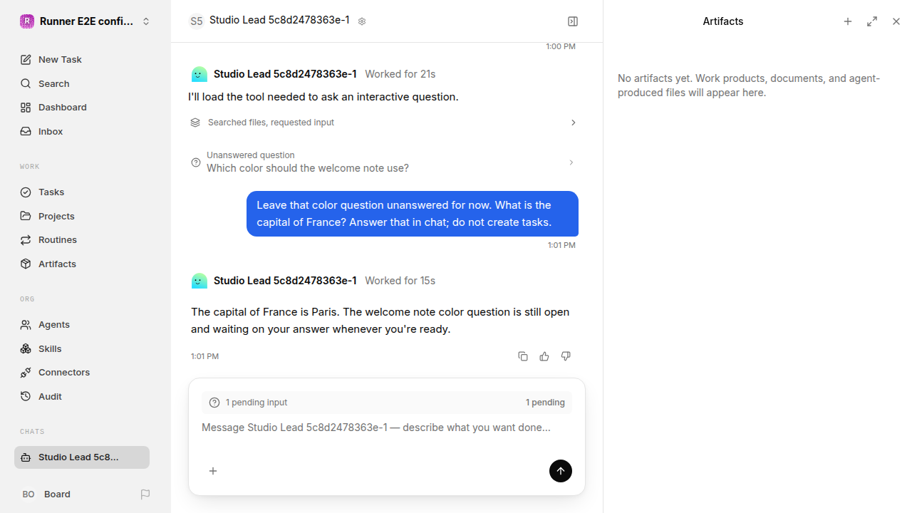 After reload: conversation moved on and the question remains in history for confirmation-replies.runner-acpx-claude.local.unanswered-question-return