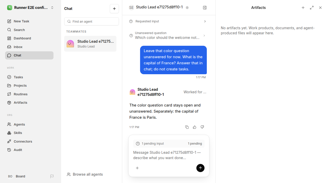 After reload: conversation moved on and the question remains in history for confirmation-replies.runner-acpx-claude.local.unanswered-question-return