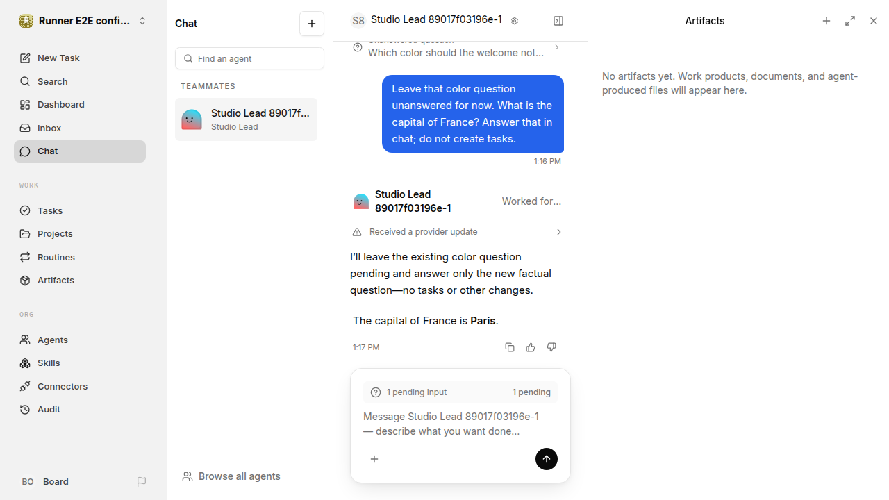 After reload: conversation moved on and the question remains in history for confirmation-replies.runner-codex.local.unanswered-question-return