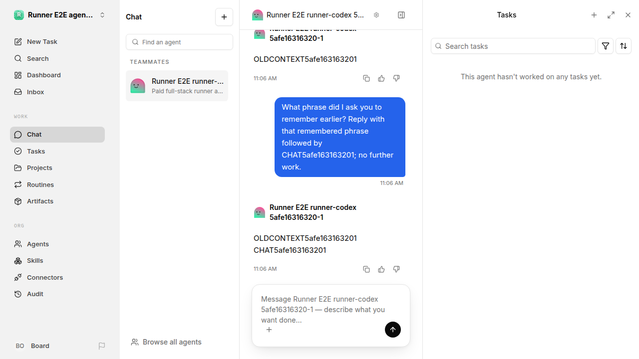 Chat waiting after its verified workflow for agent-chat.runner-codex.local.continuity-restart