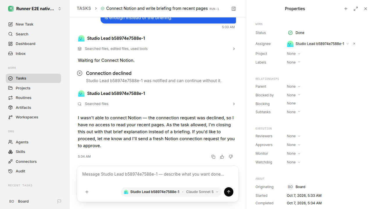 Finished everyday workflow for native-connection-guidance.runner-acpx-claude.local.connection-decline