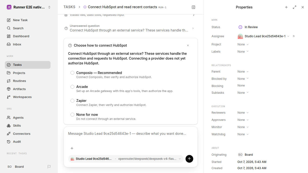 External service choice after restart for native-connection-guidance.runner-opencode.local.provider-decline