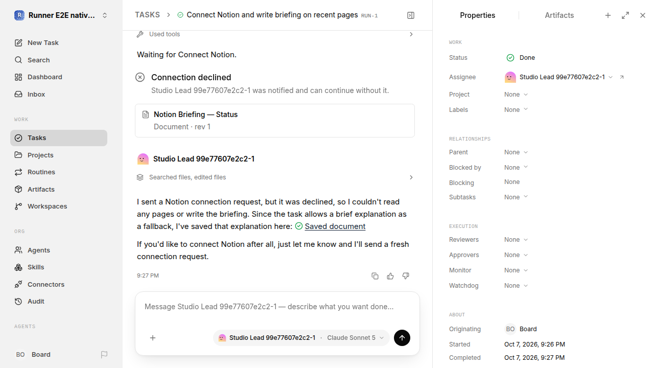 Finished everyday workflow for native-connection-guidance.runner-acpx-claude.local.connection-decline