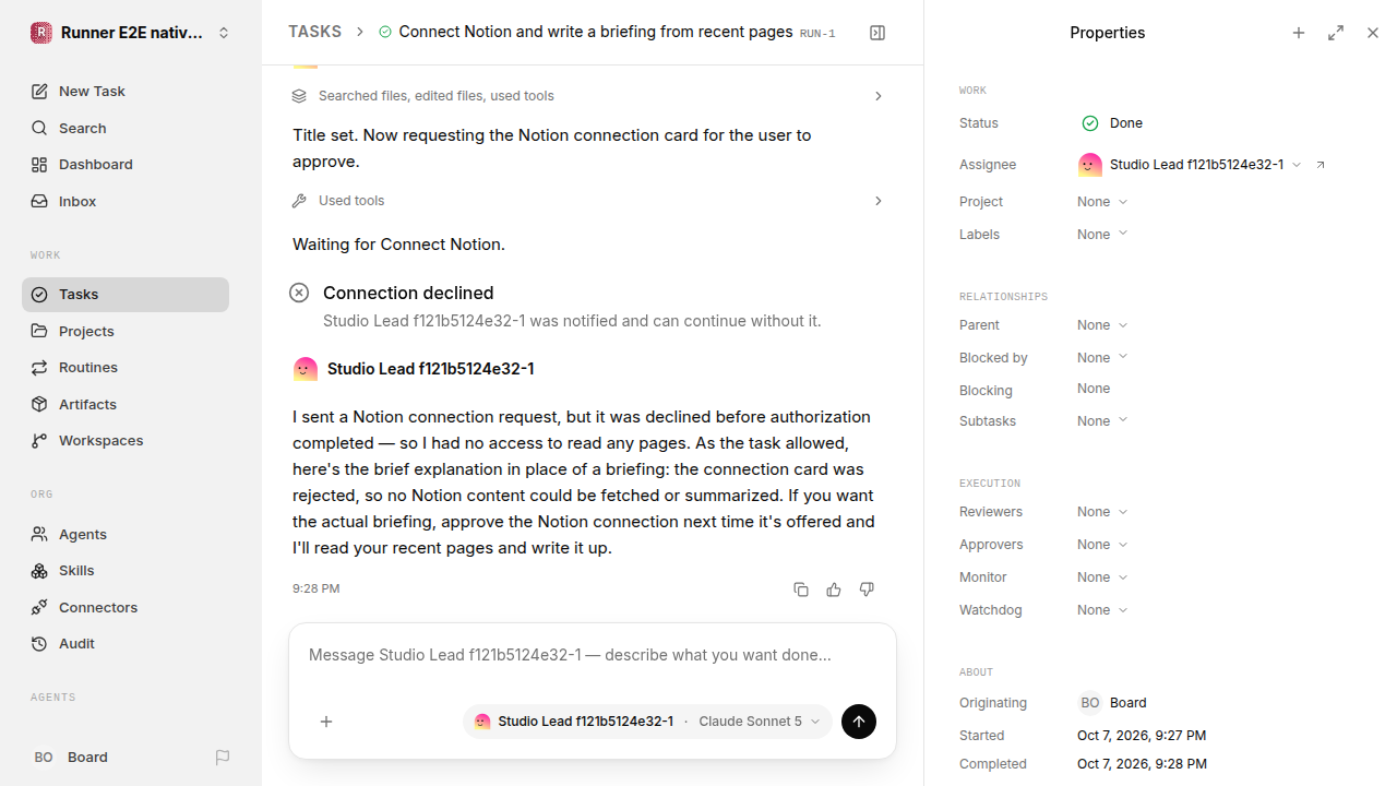 Finished everyday workflow for native-connection-guidance.runner-acpx-claude.local.connection-decline