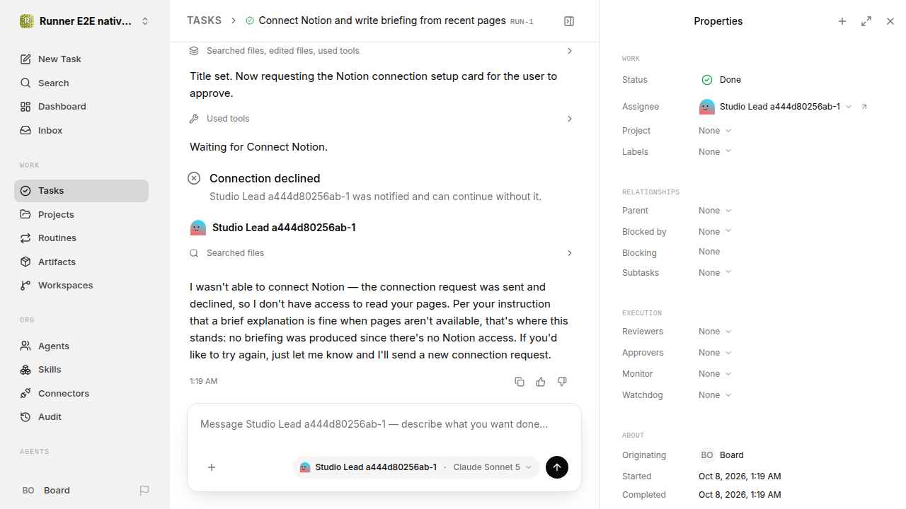 Finished everyday workflow for native-connection-guidance.runner-acpx-claude.local.connection-decline
