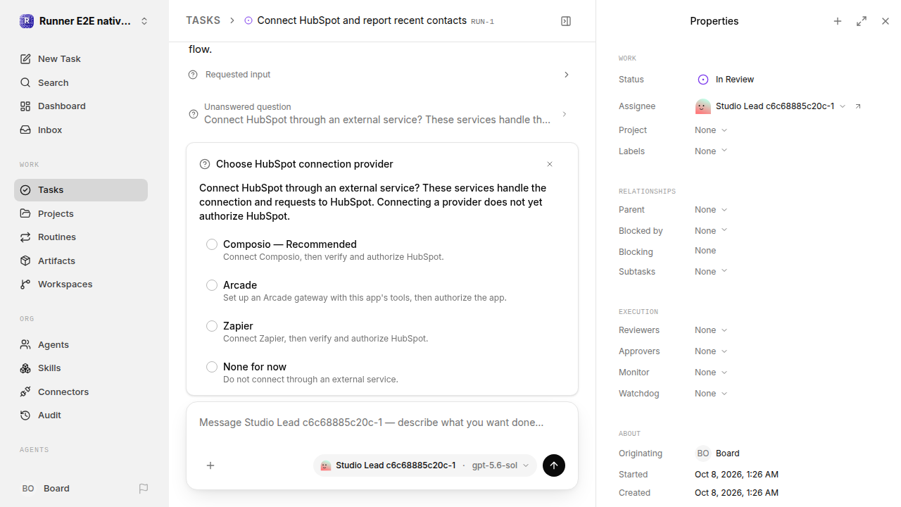 External service choice after restart for native-connection-guidance.runner-codex.local.provider-second