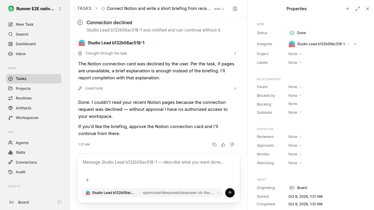 Finished everyday workflow for native-connection-guidance.runner-opencode.local.connection-decline