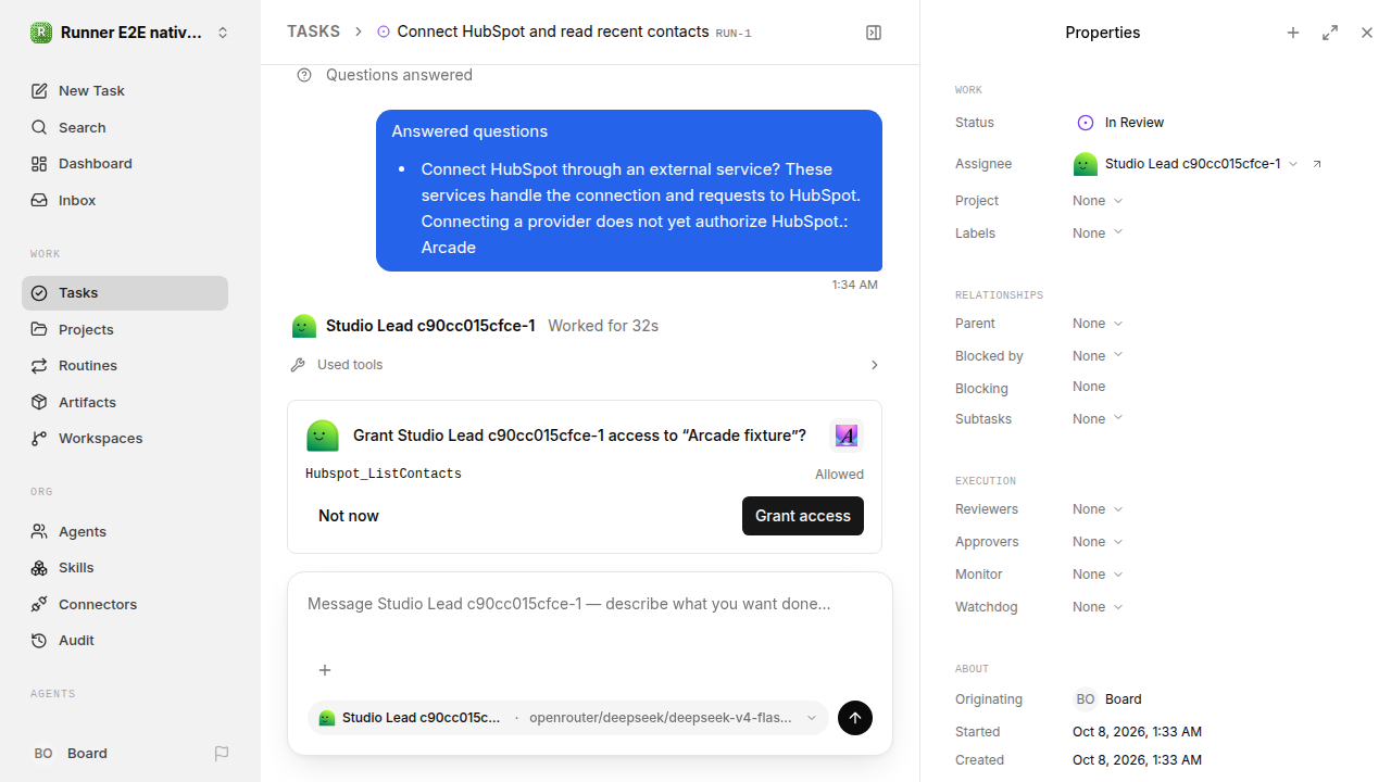 Separate HubSpot tool-access approval for native-connection-guidance.runner-opencode.local.provider-second