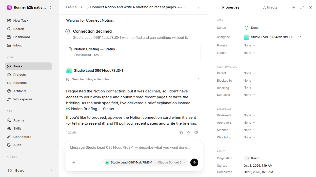 Finished everyday workflow for native-connection-guidance.runner-acpx-claude.local.connection-decline