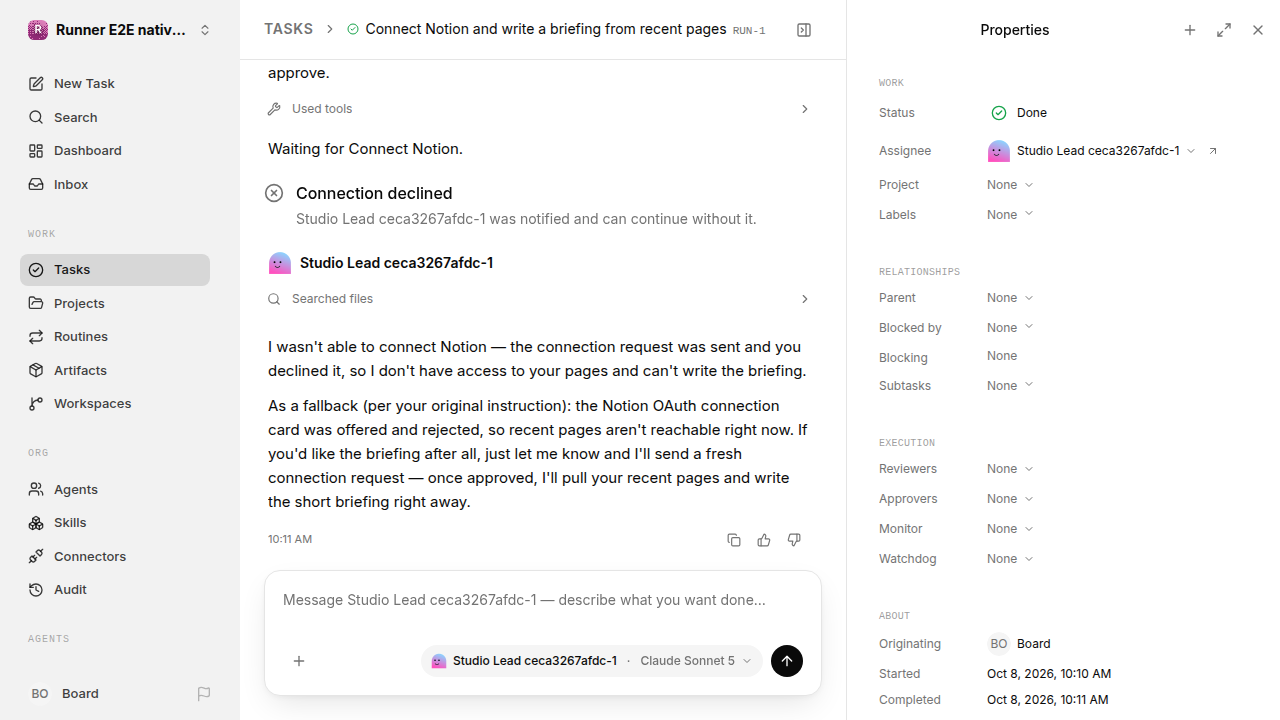 Finished everyday workflow for native-connection-guidance.runner-acpx-claude.local.connection-decline