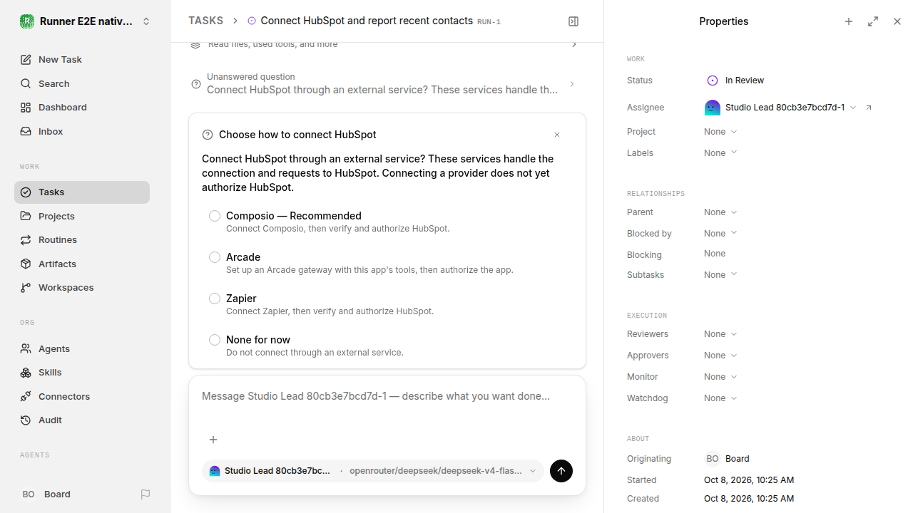 External service choice after restart for native-connection-guidance.runner-opencode.local.provider-second