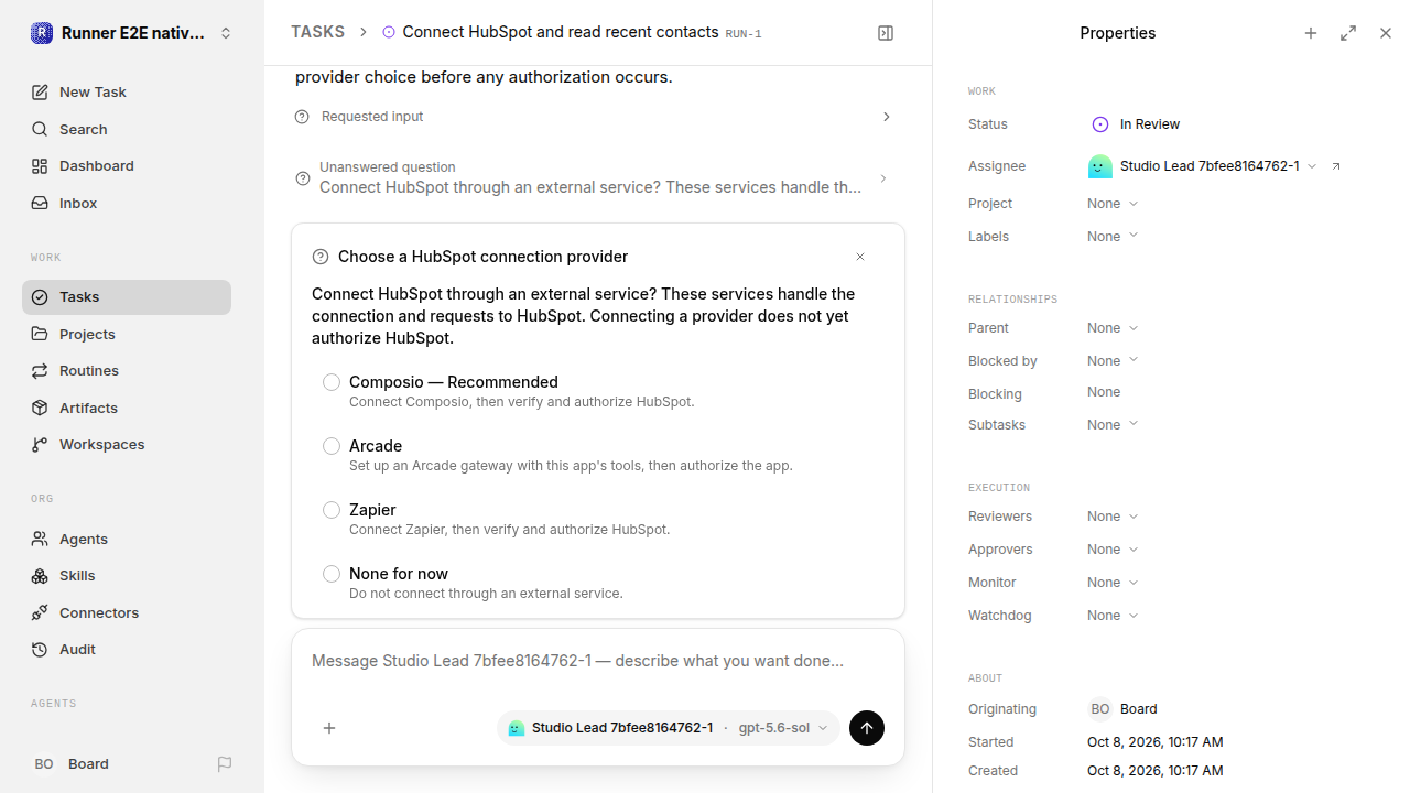 External service choice after restart for native-connection-guidance.runner-codex.local.provider-decline