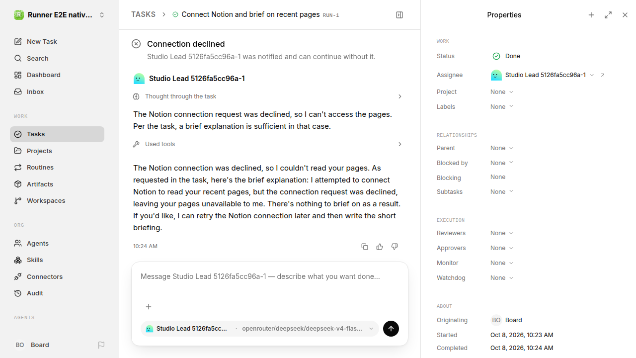 Finished everyday workflow for native-connection-guidance.runner-opencode.local.connection-decline