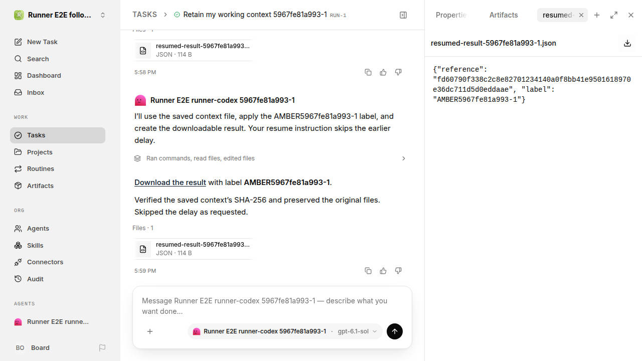 Explicitly resumed work delivers retained context and follow-up for followup-stop-resume.runner-codex.local.followup-stop-resume